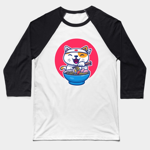 Cat Eating Ramen Noodle Baseball T-Shirt by Catalyst Labs